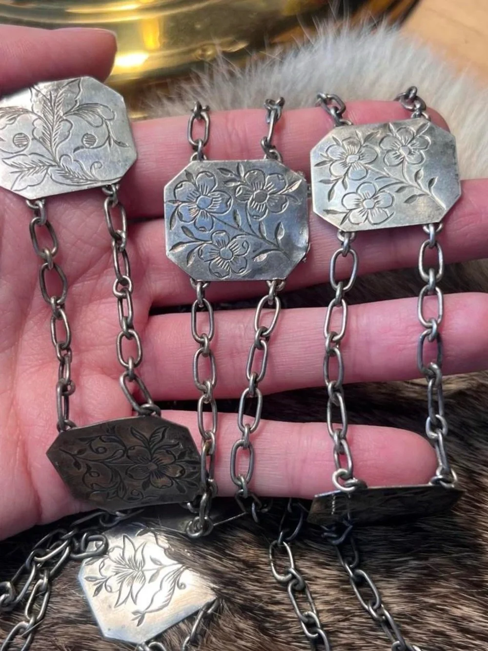 Vintage Chinese export silver floral engraved metal panel belt